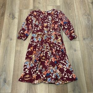 🌟BY TIMO🌟 FLORAL 3/4 SLEEVE FIT & FLARE SCANDI GIRL DRESS MAROON SZ M